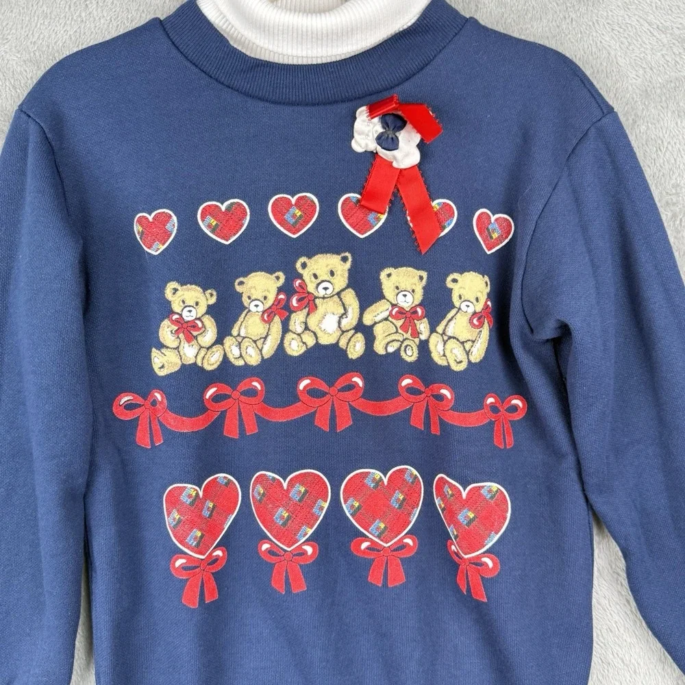 In Design Sweatshirt Girls 6X‎ Teddy Bears Hearts Bows Turtleneck USA Made VTG